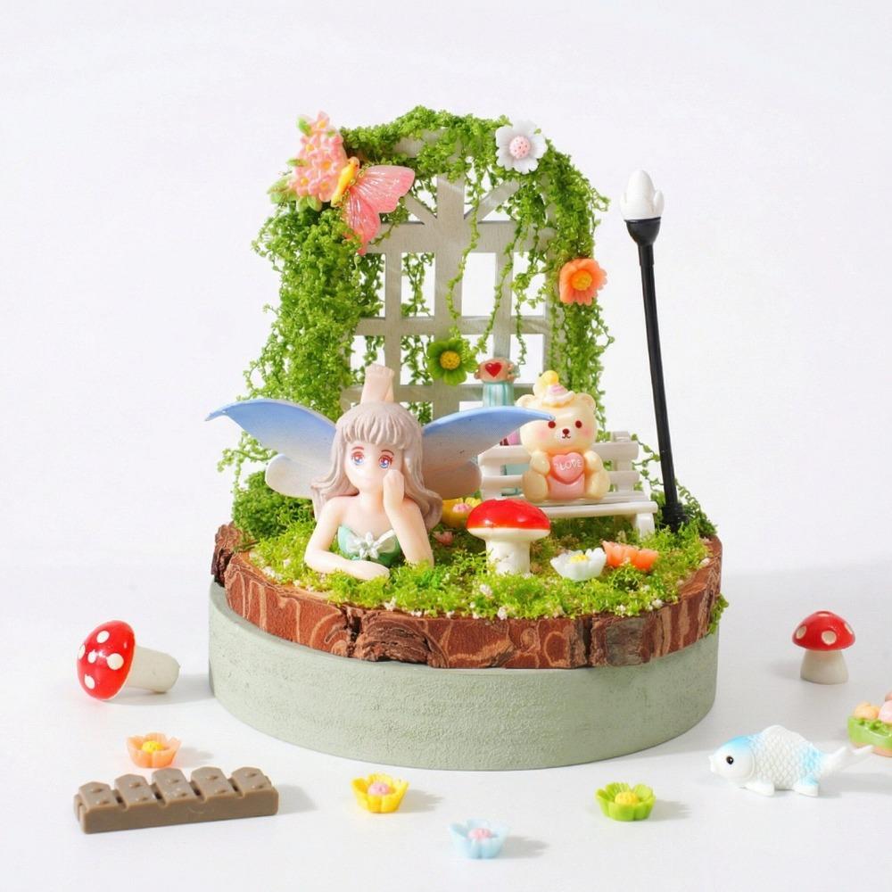 Multicolor Landscape DIY Material Kit Resin Wood Base DIY Miniature Landscape Ornaments Mini Size Cartoon Statue