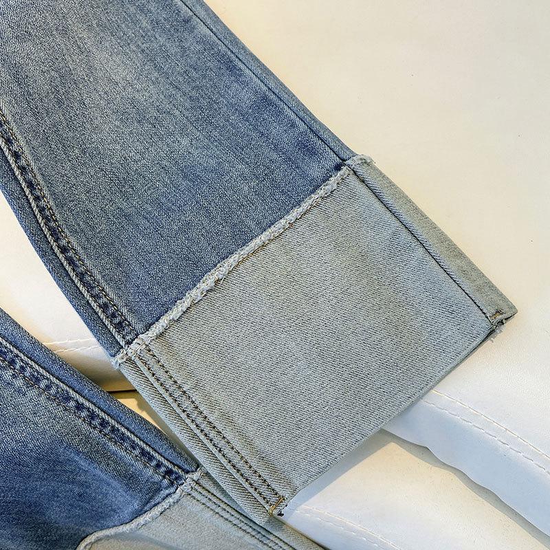 Damen Retro Kontrastnaht Gerade Jeans - Sommer Stretch Schlanke Zigarettenhose