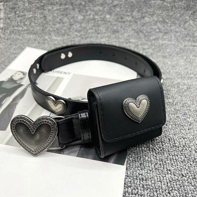 No Buckle Women Casual PU Leather Belt Retro Heart Design Black Small Square Waist Bag Ins Style Summer Versatile Accessory