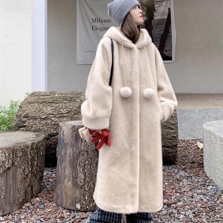 

Теплое пальто с капюшоном, утолщенное, из длинного плюшевого меха, женское зимнее пальто из искусственного меха, с длинными рукавами, повседневное меховое пальто M