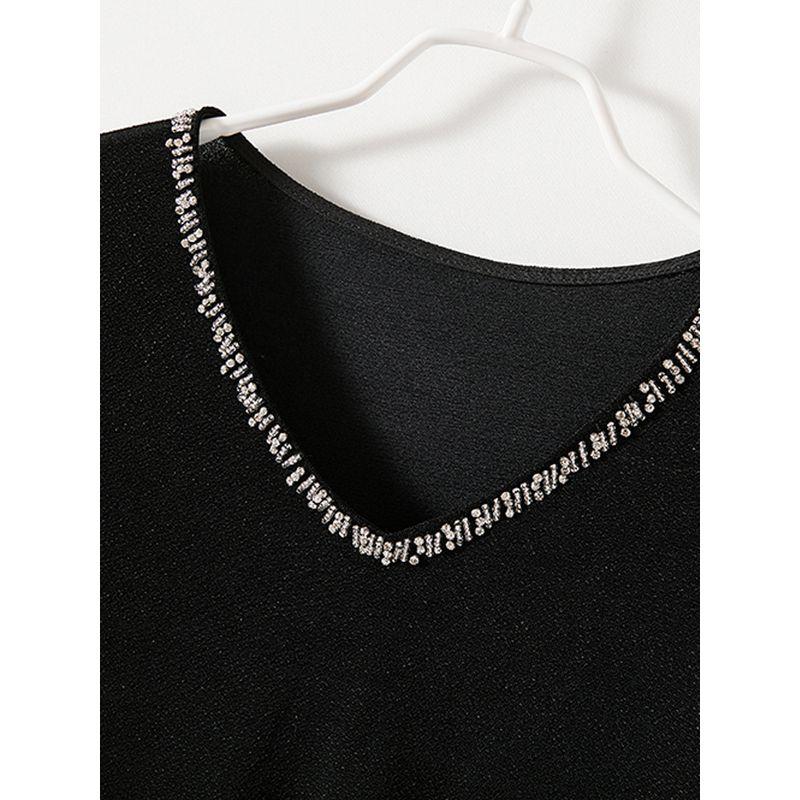 Stretch Cotton Yarn Makes You Look Top Slim! Lean Women Beads V-neck Short sleeve Pullover T-shirt Quality Summer Welfare