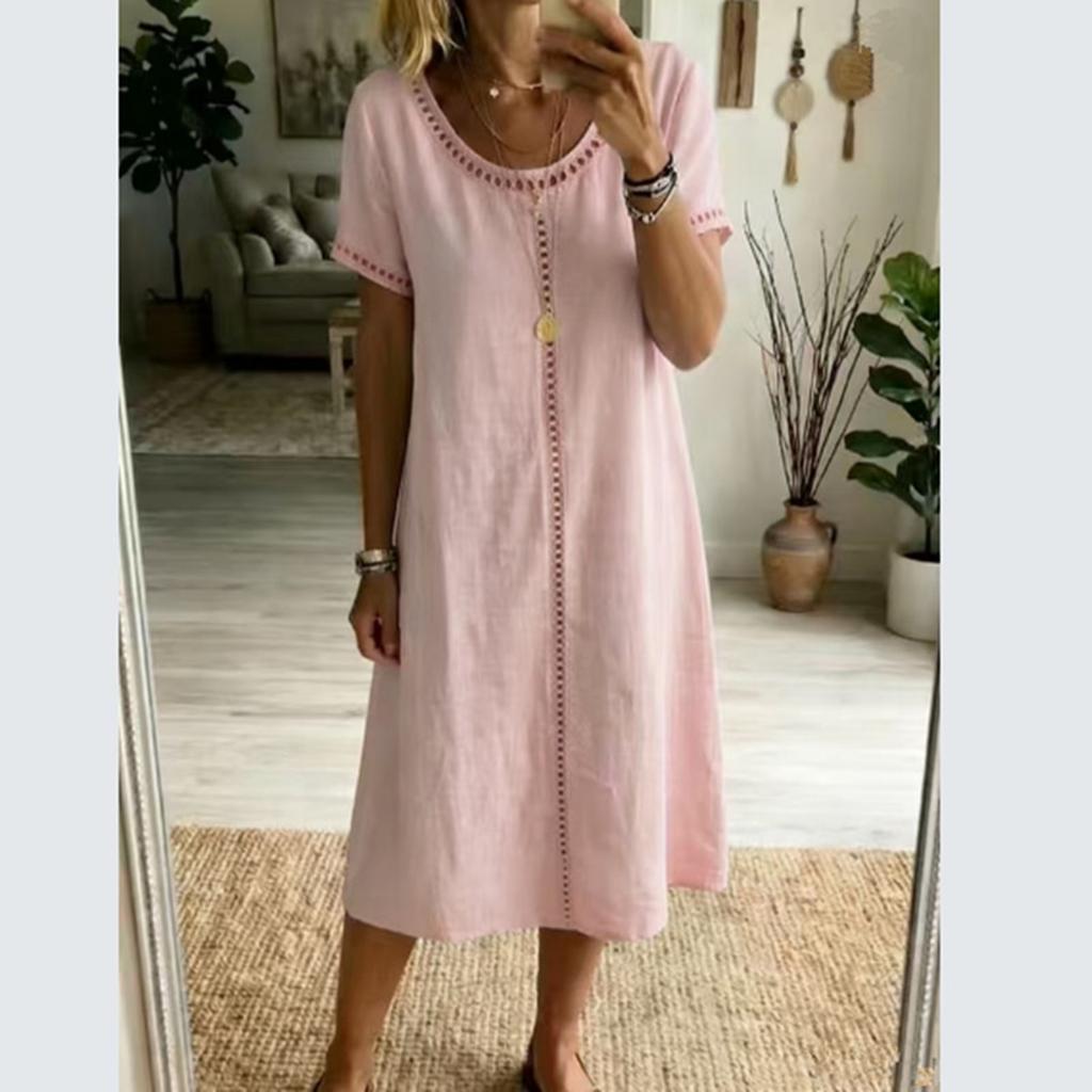 Fashionable Women's Round Neck Short Sleeved Lace Patchwork Cotton And Linen Dress