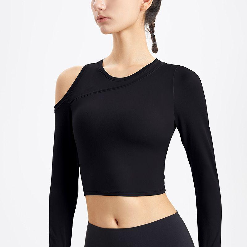 

Fashion 24 New off-the-Shoulder Sports Tops Women s Short Running Workout Vest Crop Top T-shirt Long Sleeve Yoga Clothes Blouse TX02 Classic Black S