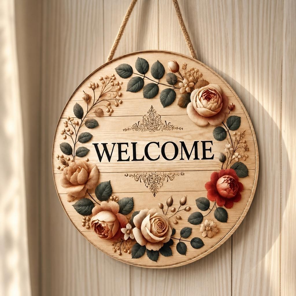 Christmas Wreath Welcome Sign, Round Door Hanger Decoration, Holiday Party Decor for Front Door or Wall, Rustic