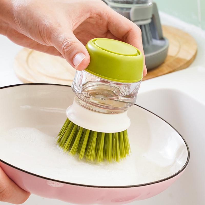 Handheld Soap Liquid Brush Refillable Cleaning Brush Pressure Pot Scrubber Kitchen Tools for Pots Plates Dishwashing Gadget
