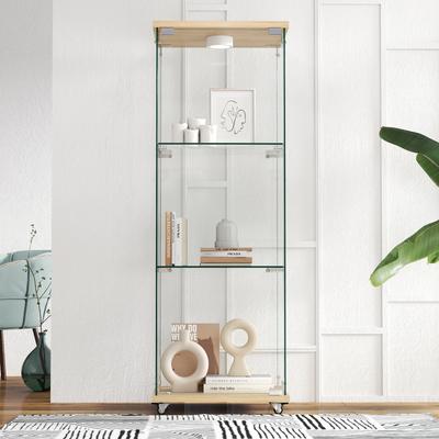 Vitrine Moderne en Verre avec Éclairage LED, Convient pour le Salon et la Chambre à Coucher, Conception à Une Porte Trois Étagères, Aspect Bois Naturel-H120/L42.5/P36.5 cm