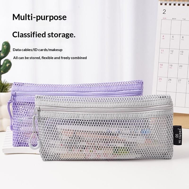 Breathable Mesh Zipper Storage Pouch Visible Large Capacity For Stationery Cosmetics Cables Travel