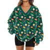 Women's Fashionable V-neck Christmas Printed Long Sleeved Casual Pullover Plush Warm Pocket Sweatshirt Top