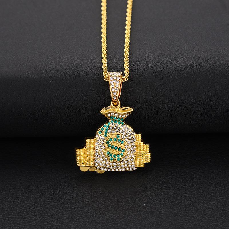 Hip Hop Ice Out Dollar Money Bag Necklace Shiny Cubic Zirconia Wallet Pendant For Men Women Hip Hop Rock Rap Cool Jewelry