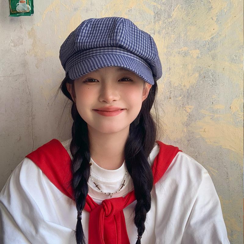 Blue Plaid Korean Octagonal Hat Spring And Summer Thin Versatile Face Ducktongue Beret Casual Hat