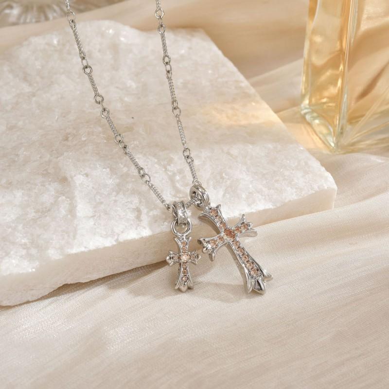 Double Cross Pendant Necklace Couples Titanium Steel Charm With Colored Cubic Zirconia Gold Rose Chain