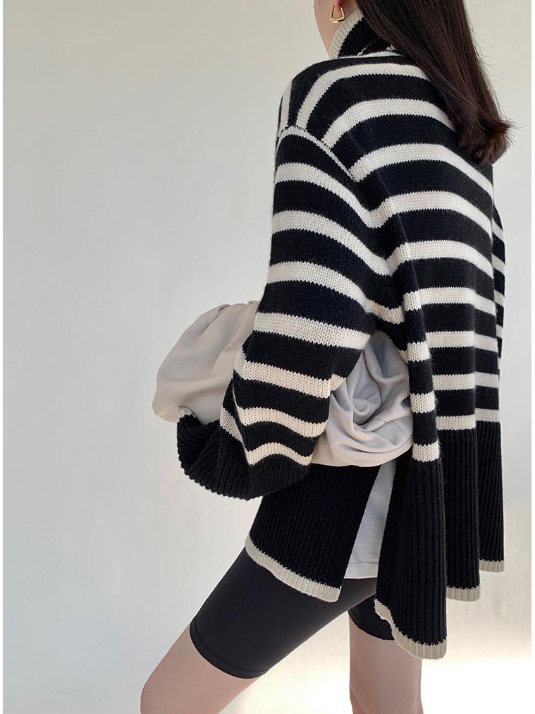 Women's High Neck Knitted Sweater - Retro Striped Design, Loose Fit, Autumn/Winter 2023, Korean Style.