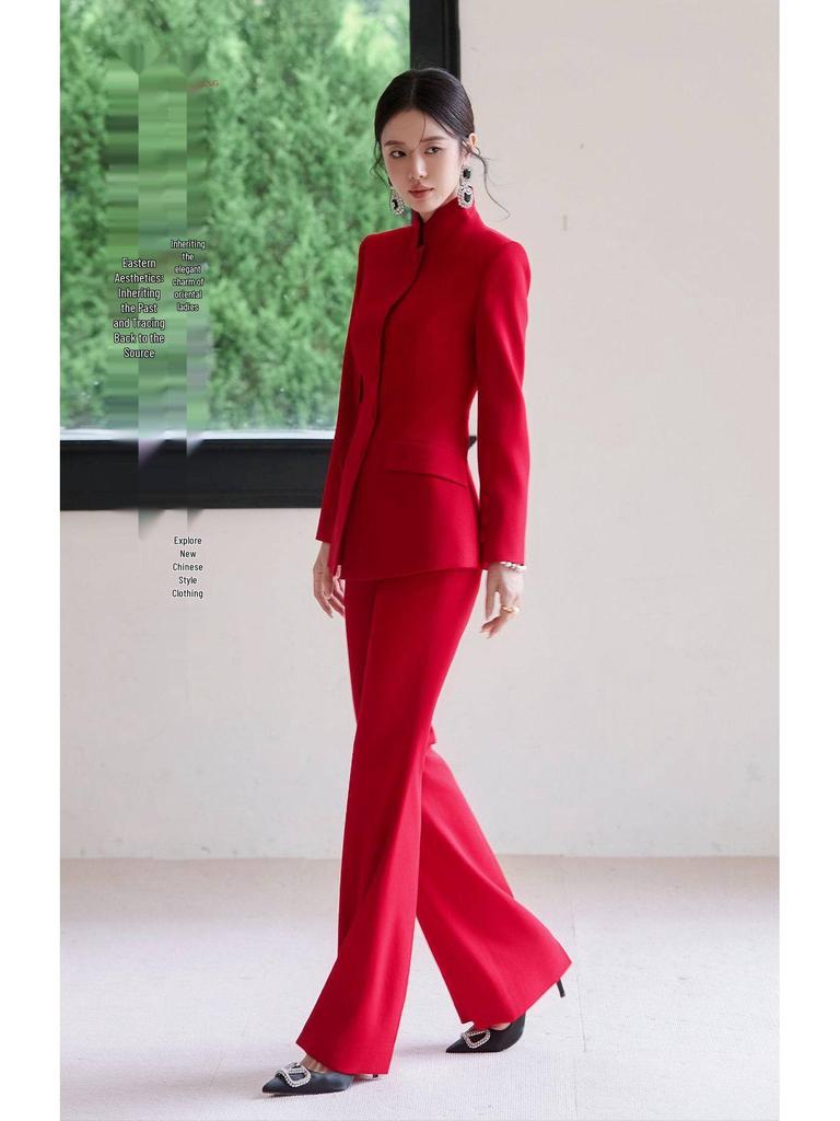 Women's Elegant Chinese Red Suit - 2025 Acetate Formal Wear for Banquets & Events