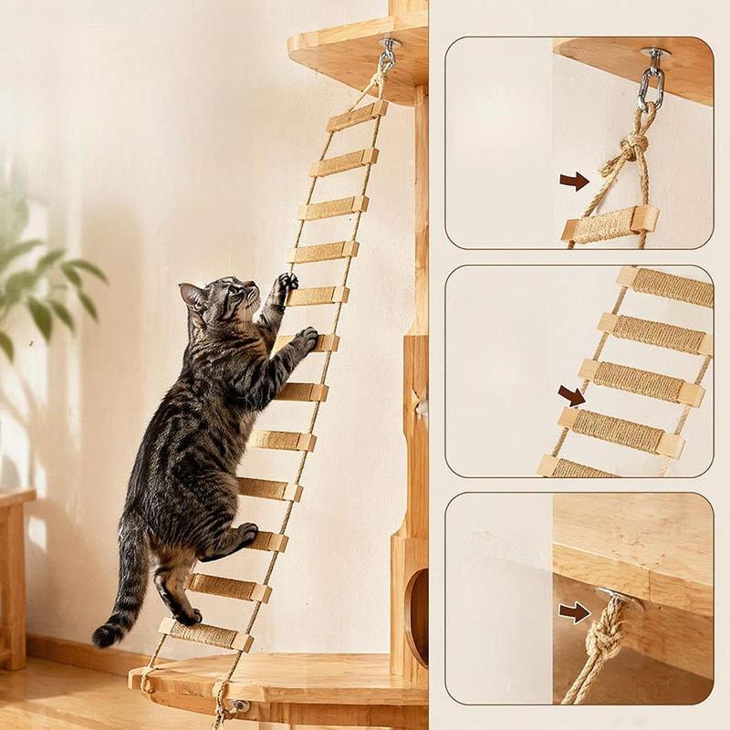 Cat Climbing Ladder Space Saving Scratcher with Rope Multifunctional Toy DIY Bridge with Rungs Cat Ladder for Small Pets Parrots