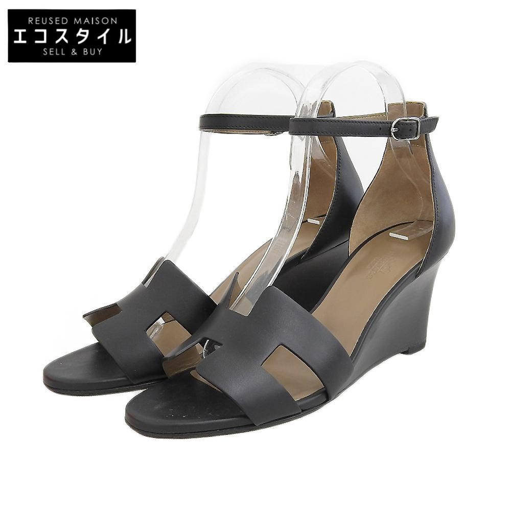 HERMES Legend Calfskin Sandals Women's Black 38 1/2 shoes black leatherUsed