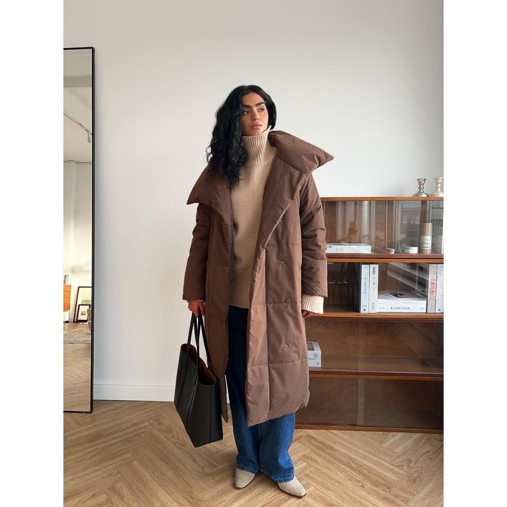 Women Long Wrap Puffer Coat Wide Collar Belted Waist Winter Warm Outerwear