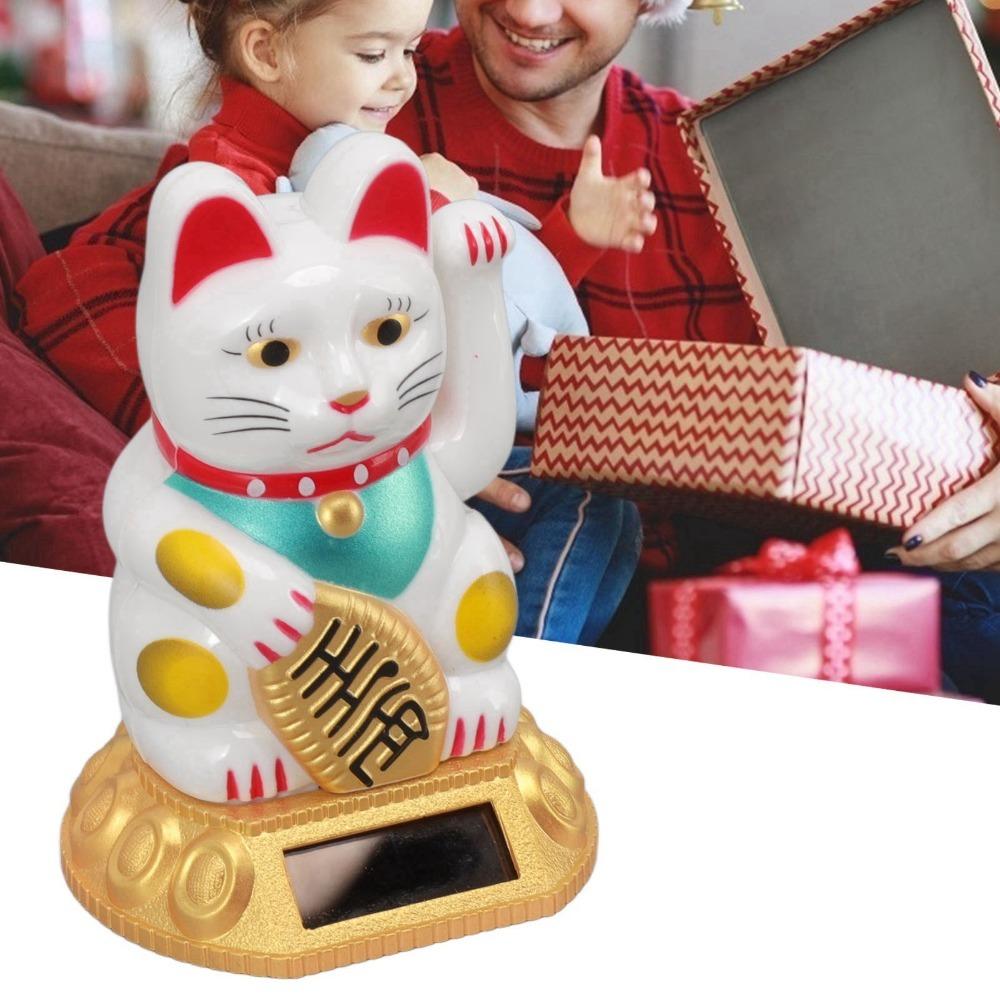 Gold & White Solar Waving Fortune Cat Ornament Hotel Restaurant Display Piece