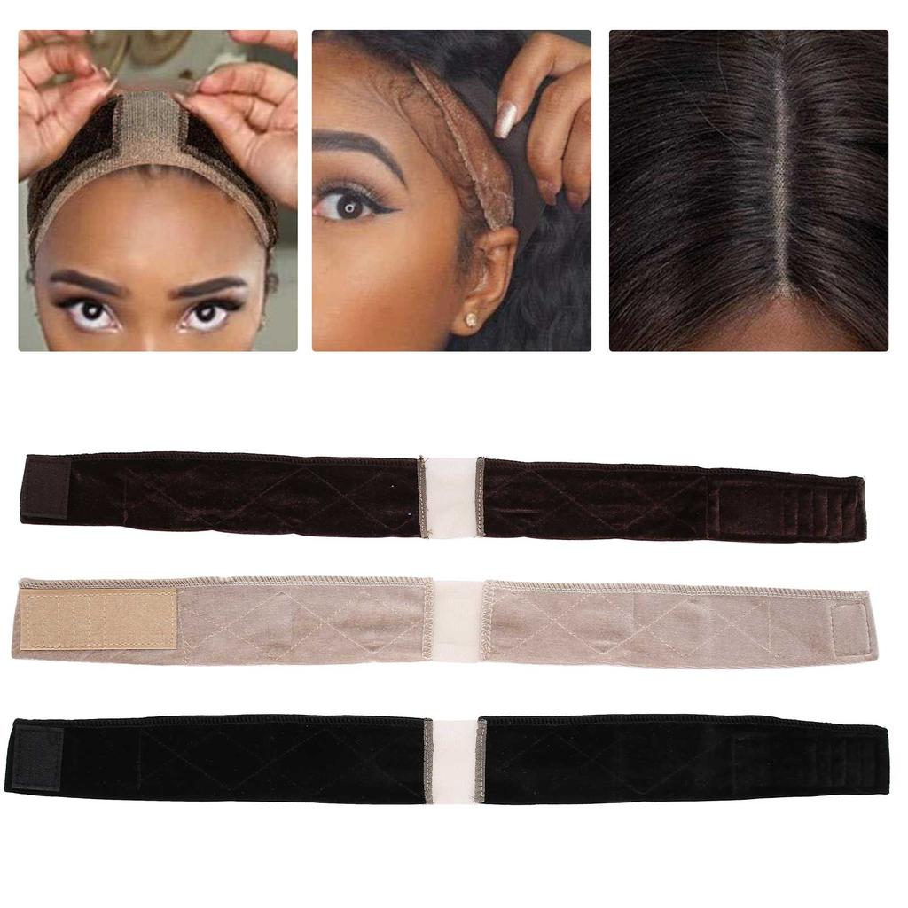 3pcs Bande de Maintien de Perruque Ajustable Fixation Raie Bandeau en Dentelle Velours Élastique Bandes de Perruque