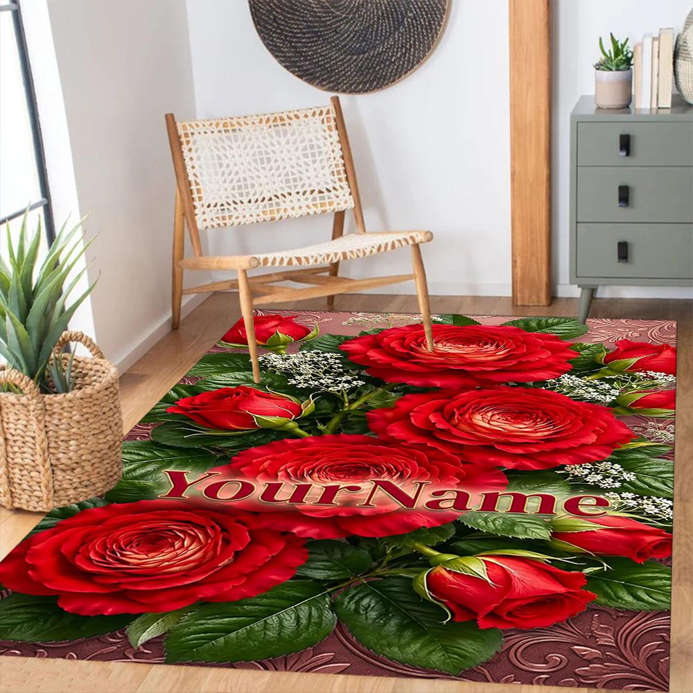 Rose Customized Name Floor Rug Office Rug Design for Dormitory Study Room Foyer Playrooms Anti-slip Rug Anime Office Decor