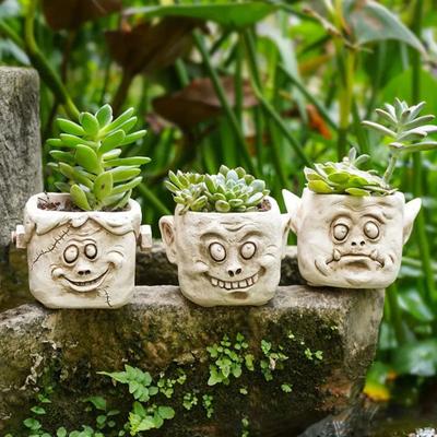Zombie Face Planter Pot Indoor Outdoor Plants Vegetable Herb Succulent Flowerpot Container Resin Zombie Head Figurine Home