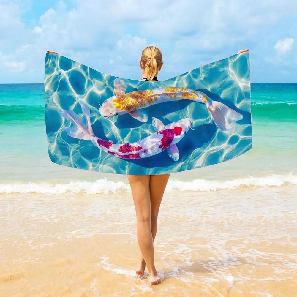 1 Extra Large Beach Towel - Features A Vibrant Koi And Tropical Palm Tree Pattern, Perfect For The Beach Pool - Machine Washable