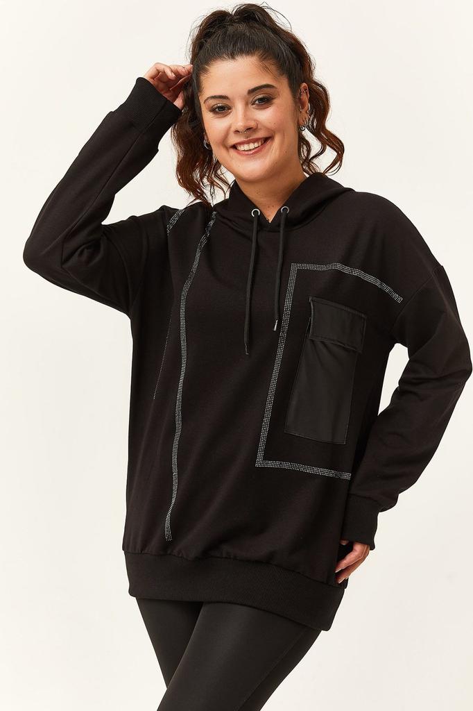 Stil Femei Hanorac Mărime Mare Hanorac Mărime Mare cu Buzunar din Piele Detaliat cu Pietre Brodate Negru