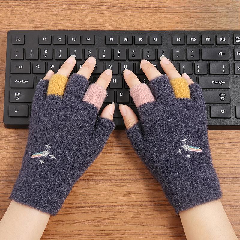 Autumn and Winter Cold Proof Plush Knitted Gloves Imitation Mink Fur Cartoon Women Plus Velvet Warm Half Finger Gloves