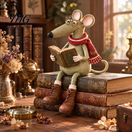 Vintage Inspired Table Decor Reading Mouse Figurine with Hanging Legs, Resin Shelf Sitter Whimsical Decoration Statue Glasses and Book for Bookshelf
