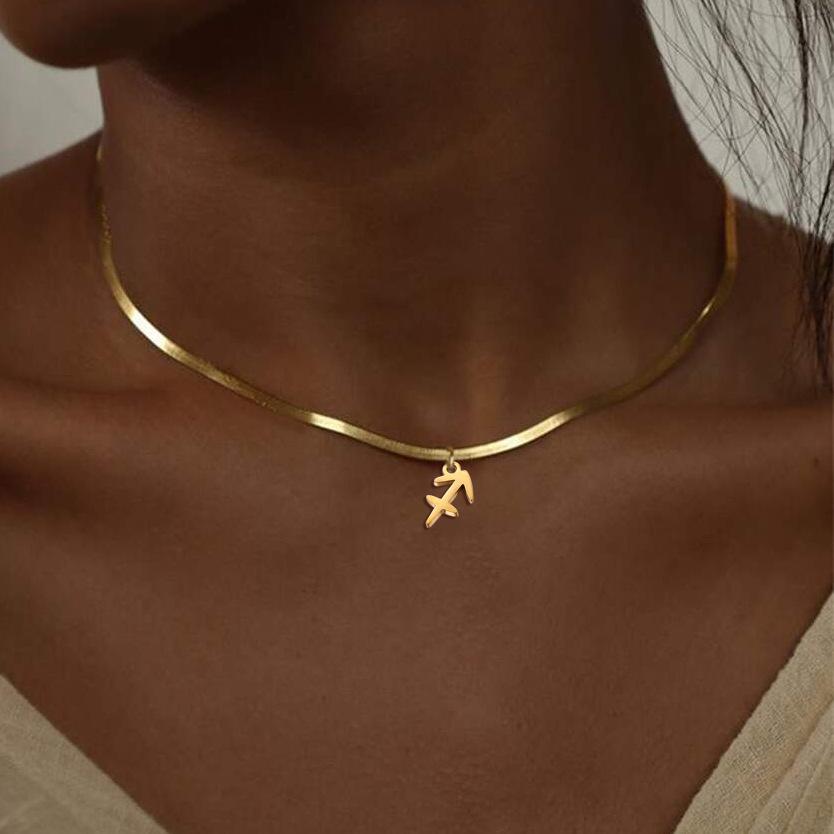 18K Gold-Plated Fashionable 304 Stainless Steel Zodiac Necklace with Flat Snake Chain, Colorfast.