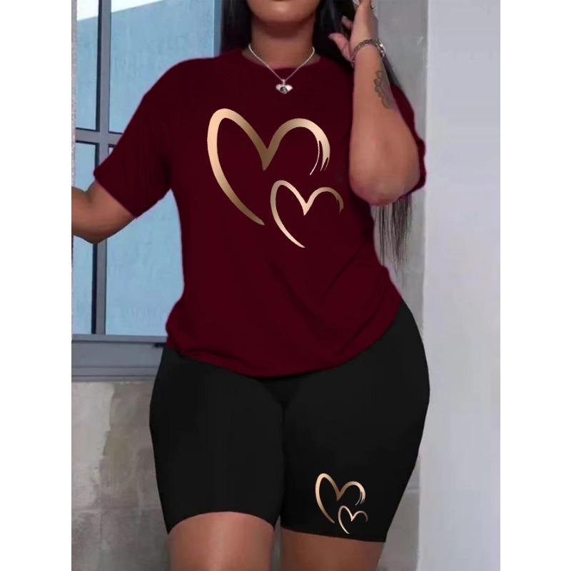 Plus size women's summer wear love printed high-end comfortable T-shirt two-piece set