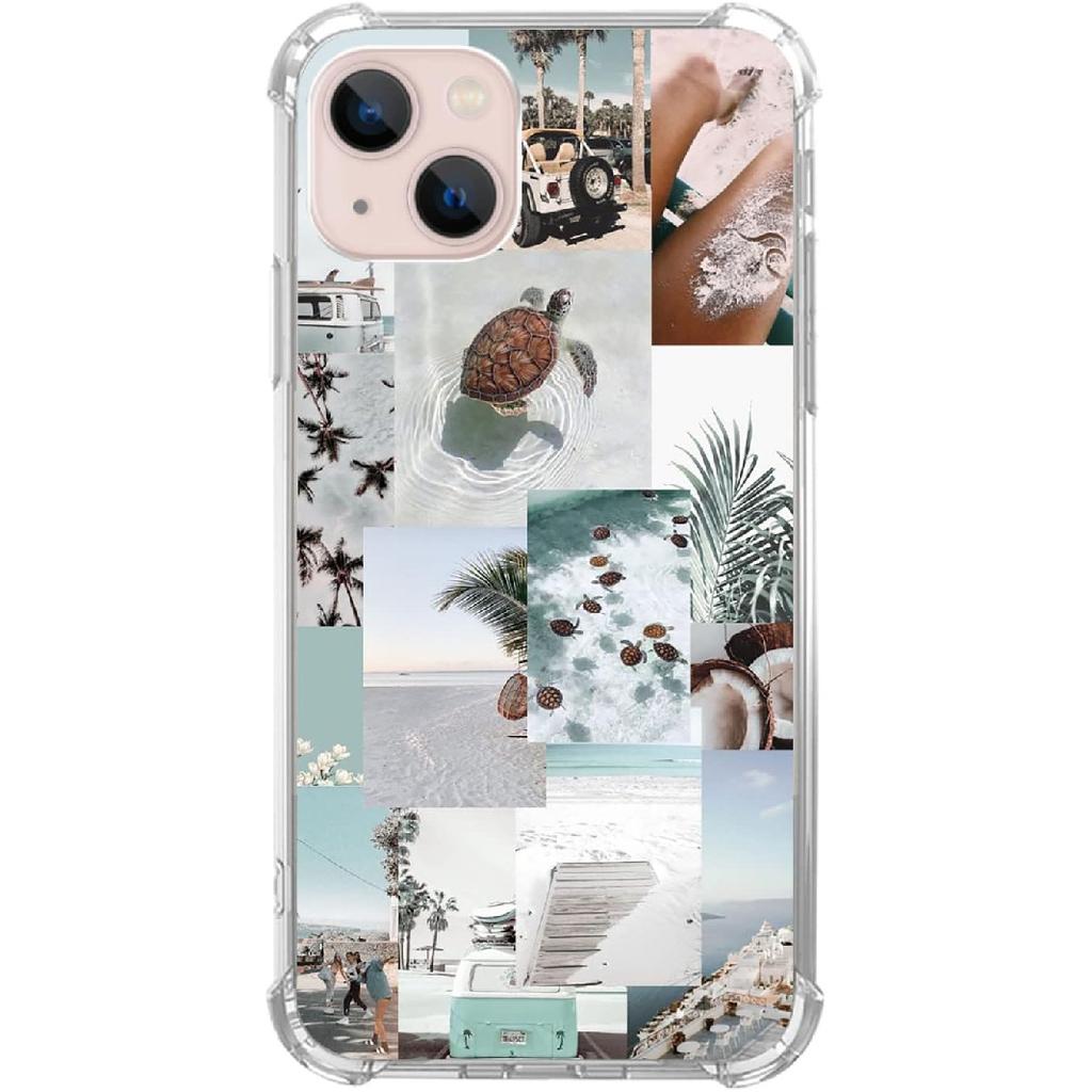 Turtle Aesthetic Collage Case Compatible with iPhone 14 Plus, Pastel Summer Vibe Beach Ocean Case for iPhone 14 Plus for Teens Men and Women, Cool