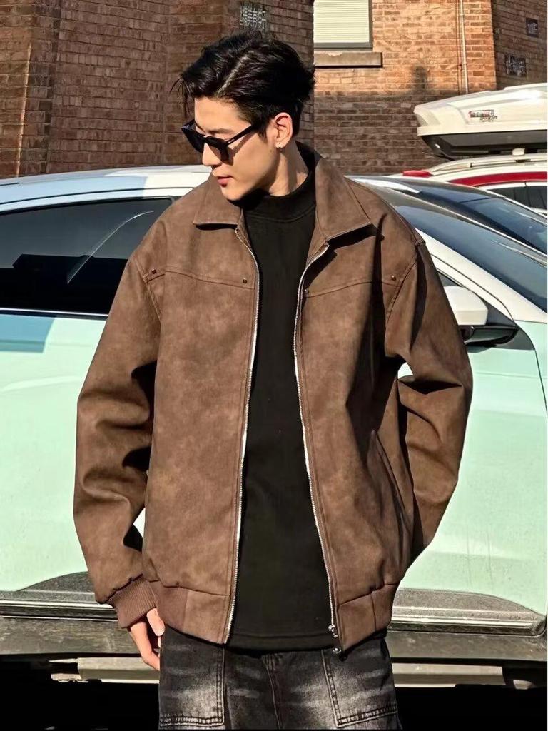 Men's Retro PU Leather Rivet Baseball Jacket - Meilade Spring & Autumn Style Couple Outerwear.