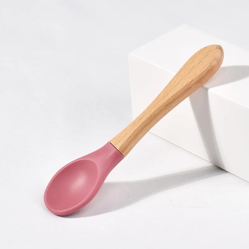 Spoons Baby Feeding Spoon Fork Wooden Handle Spoon Fork Set Soft Silicone Tip Spoon Fork BPA Free Food Grade Infant Toddlers