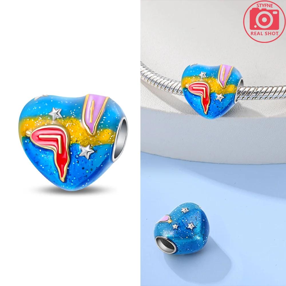 Exquisite Original Beautiful Blue Star Spaceship Heart Charms Copper Beads Fit Bracelet Women Jewelry Diy Fine Gift
