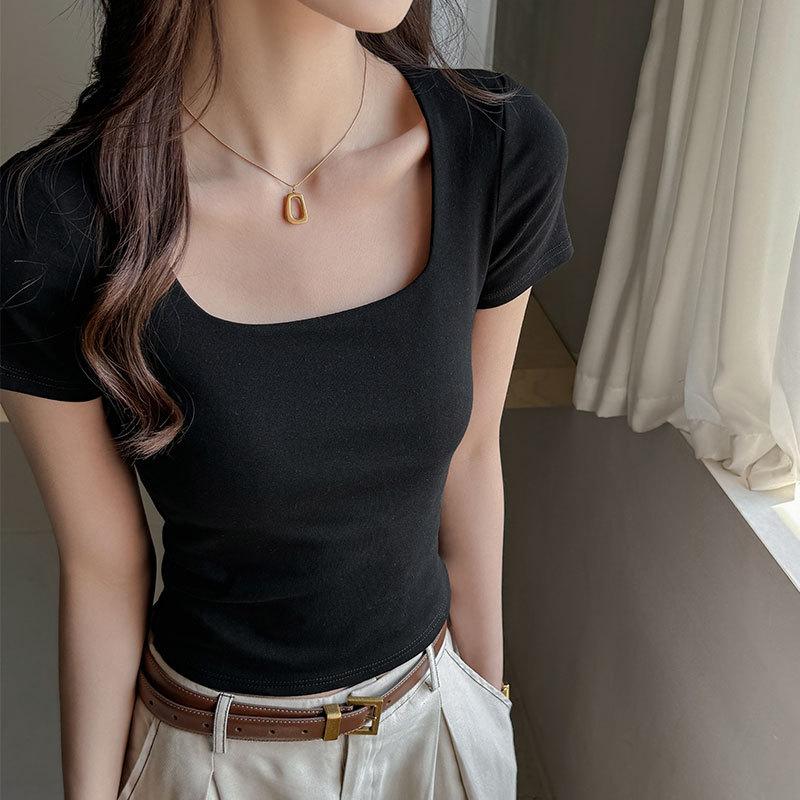 Black square neck front shoulder short-sleeved T-shirt women's summer new base, slim and thin inside, high-end top