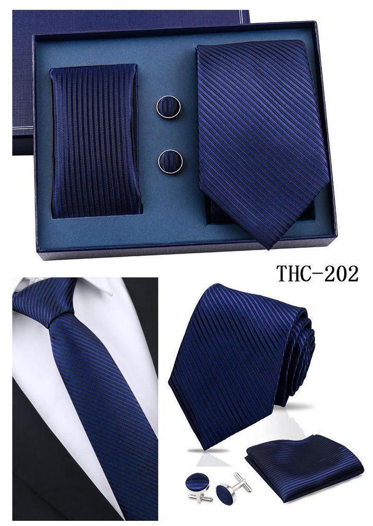 Men's Black Striped 3-Piece Gift Set: Hand-Tied 8cm Tie with Pocket Square & Cufflinks