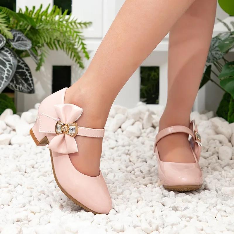 Scarpe Abiti da Festa per Ragazze di Primavera Nodo Elegante Passerella Bambini Tacchi Alti Moda Bambini Principessa Matrimonio Scarpe in Pelle
