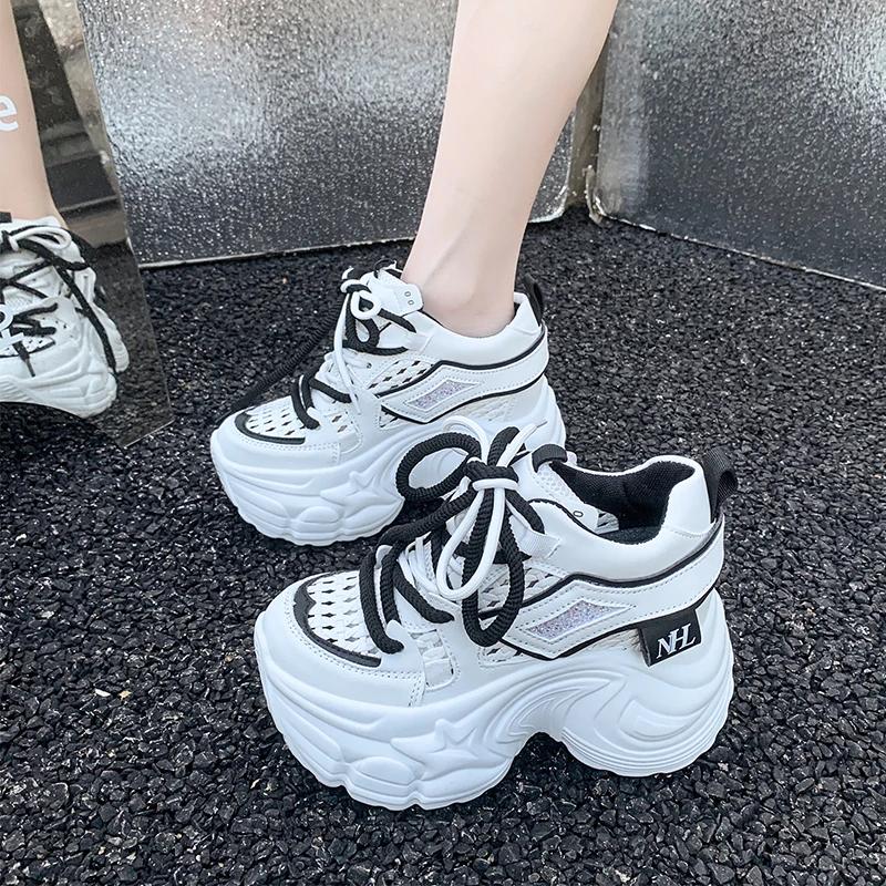 9CM New 2025 Chunky Leather Sneakers Summer Casual Vulcanized Shoes Woman High Platform Breathable Mesh Sneakers Sport Dad Shoes