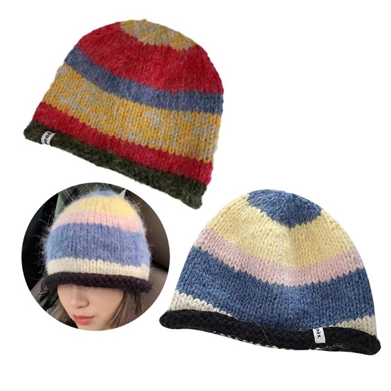 Traveling Bucket Hat Crochet Striped Plush Fisherman Hat for Y2K Girls Shopping