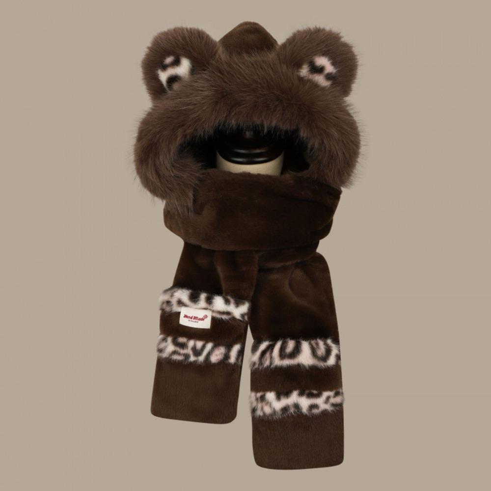 Three-in-one Scarf Hat Gloves Set Winter Hooded Scarf Sweet Plush Bear Ears Hat  Children