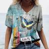Summer Women's T-Shirt Vintage Casual Fashion V Neck Pullover Short Sleeve 3D Butterfly Print Loose Daily Tops Design Clothing