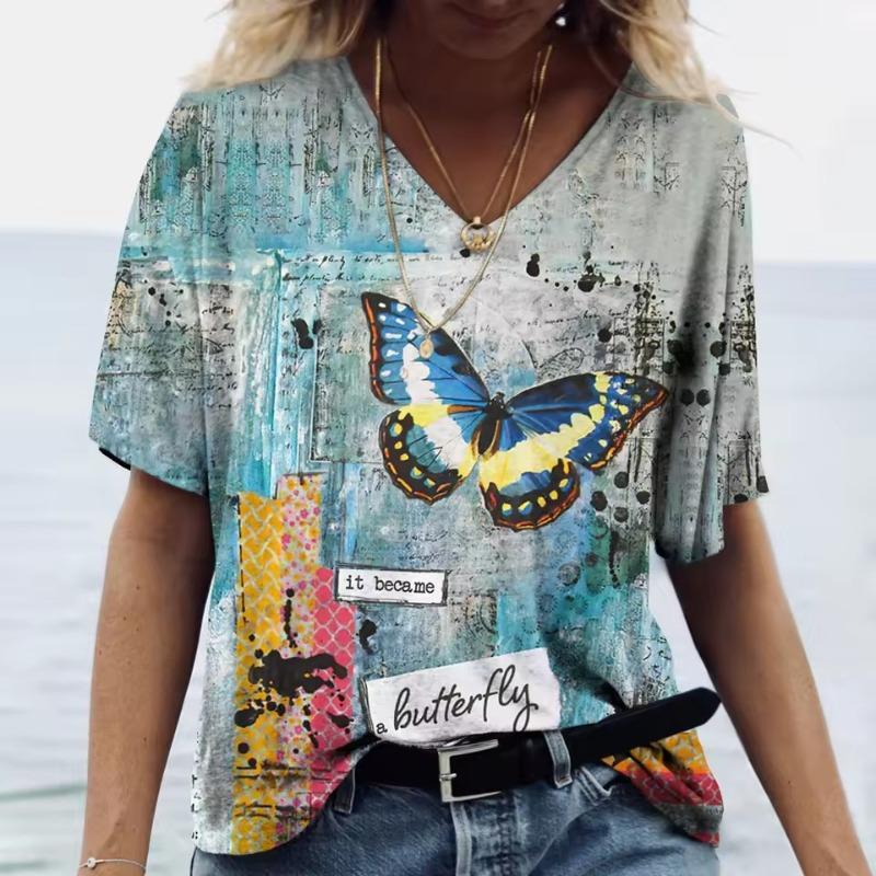 Summer Women's T-Shirt Vintage Casual Fashion V Neck Pullover Short Sleeve 3D Butterfly Print Loose Daily Tops Design Clothing