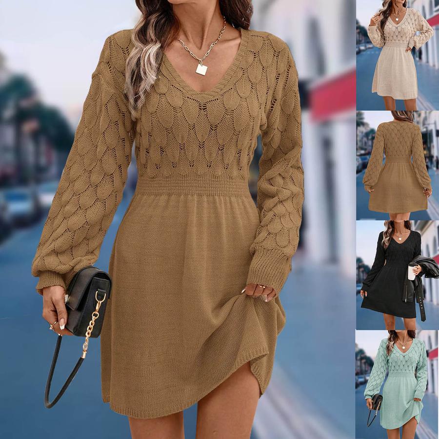 Scale Pattern 3D Knitted Dress New V-Neck Beach Dress A-Line Long Sleeve Dress