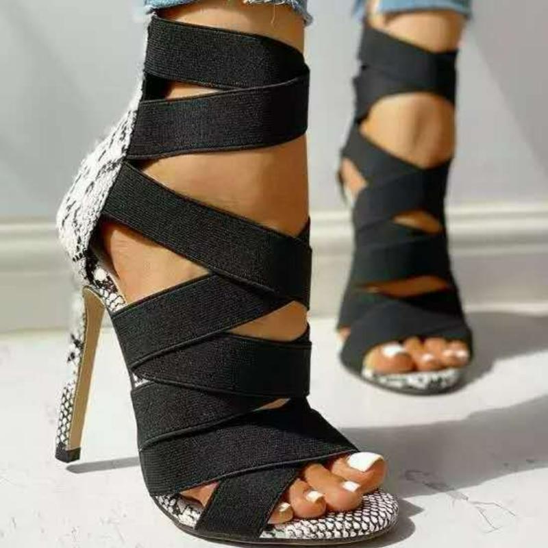 Women Pumps Snake Pattern High Heels Roman Pointed Toe Women's Shoes Back Zipper Thin Heel Sandals Fashion Elastic Casual Shoes