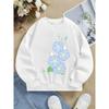 European Sizes Crewneck Sweatshirt for Kids Featuring Blue Flowers And White Bunnies,  It Serves As Both Sportswear And Casual Attire