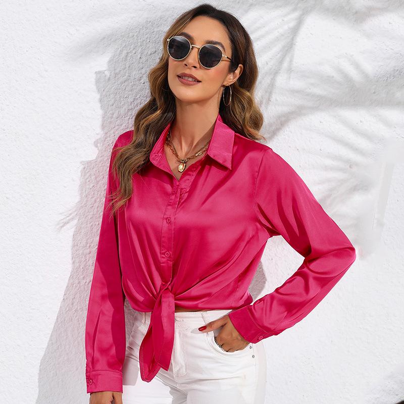 European & American Women's Long Sleeve Satin-Cotton Shirt - Solid Color, Spring & Autumn Bestseller
