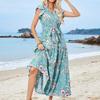 Bohemian Summer Casual Dress Women Floral Print Sleeveless V Neck A Line High Waist Lace Up Beach Vacation Ankle Length Dress