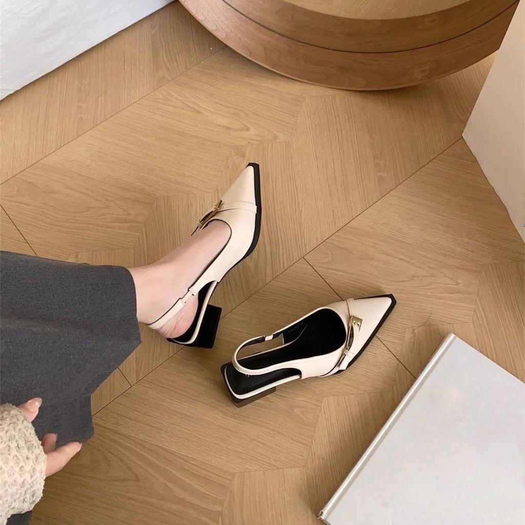 Fashion empty sandals French evening wind silver pointed thick heel single shoes women 2025 summer and autumn new fairy with skirt