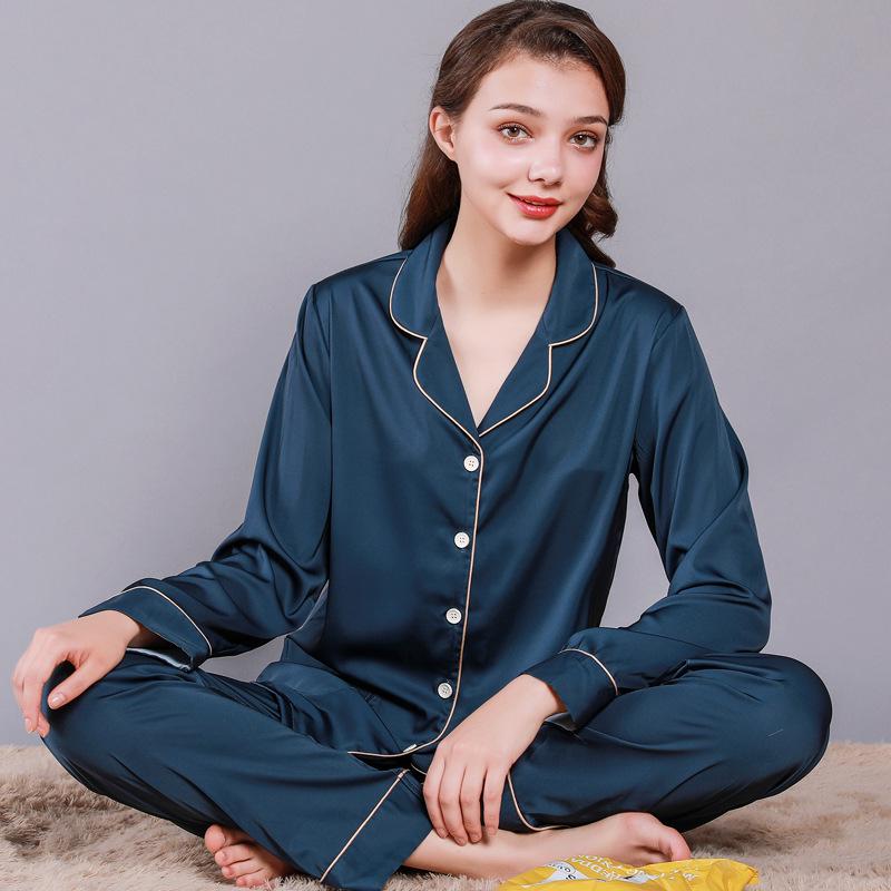 2024 Couple's Long Sleeve Pajama Set - Men's and Women's Imitation Silk for Spring and Autumn.