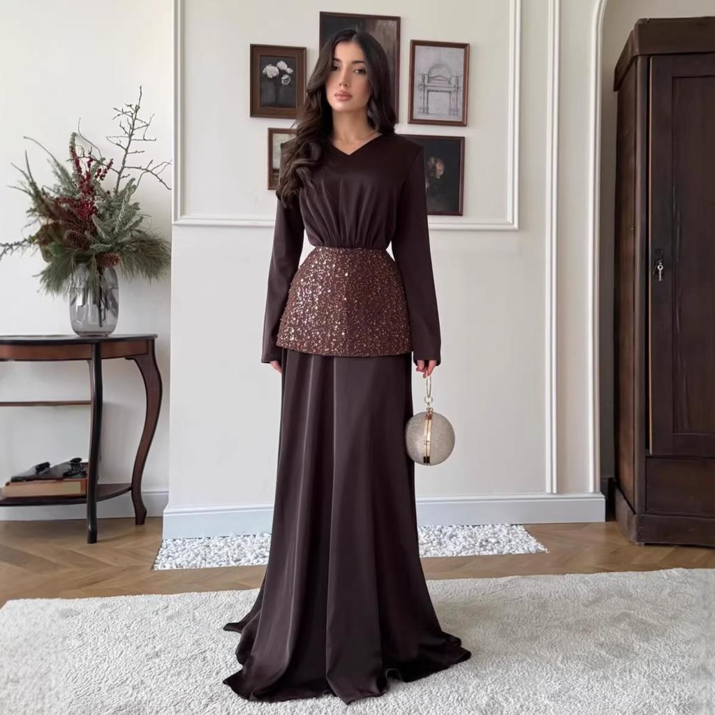 European and American Women's Clothing Spring New Temperament Elegant V-neck Sequined Apron Satin Dress Dress